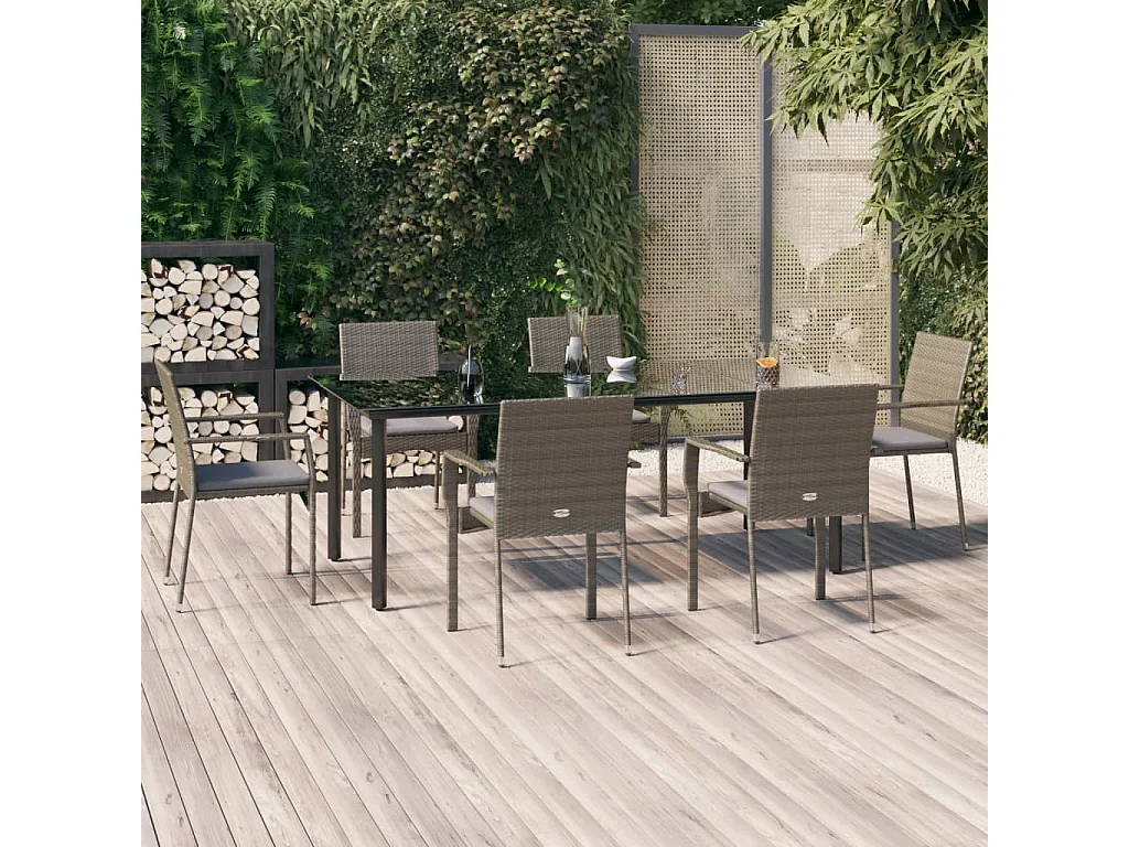 Karl Mason  Ensemble à manger jardin et coussins 7 pcs Noir et gris Rotin