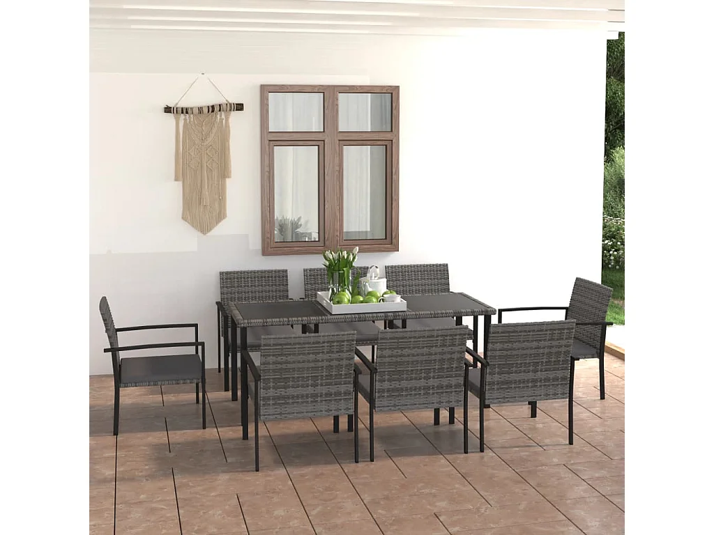 Wahiawa  Juego de comedor para jardín 9 piezas ratán sintético gris