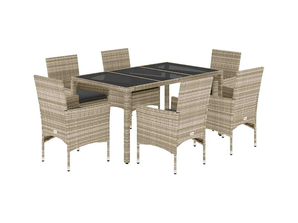 Stafford Springs  Ensemble à manger de jardin avec coussins 7 pcs rotin et verre