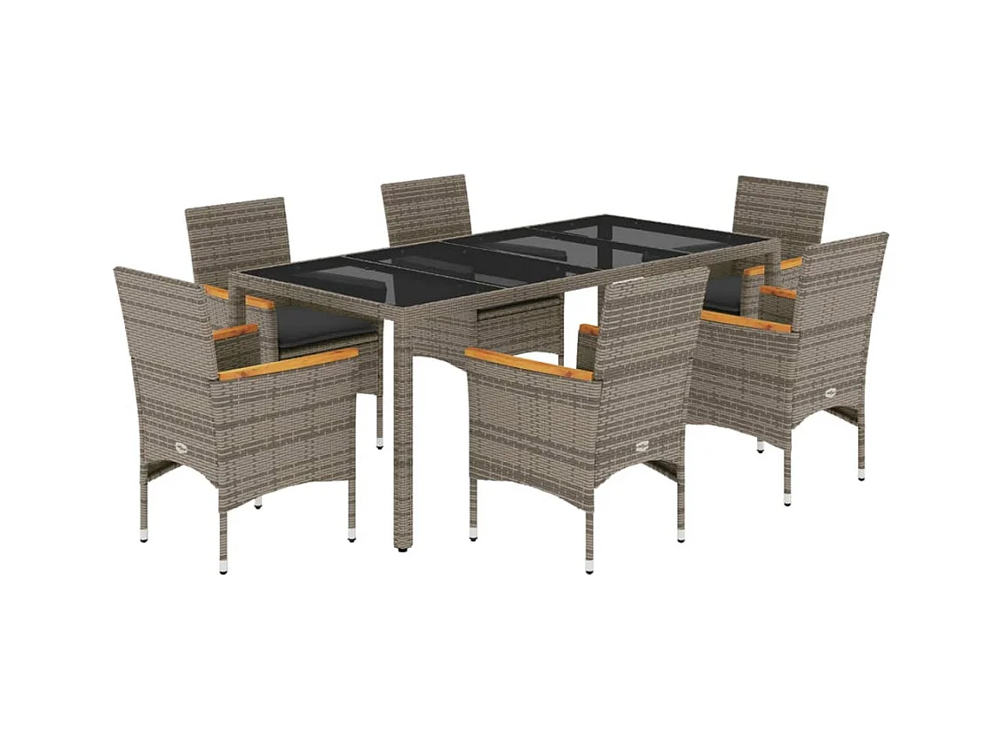Bakersfield  Ensemble à manger de jardin et coussins 7 pcs gris rotin verre