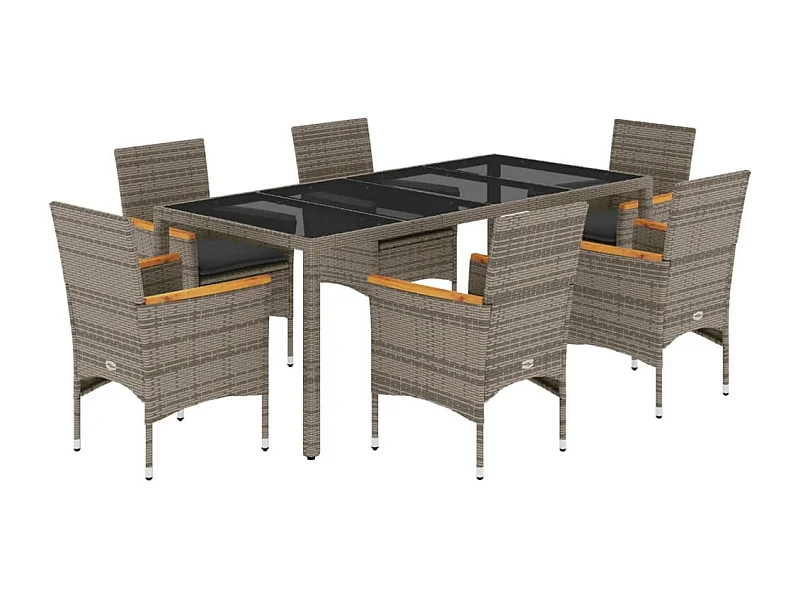 Bakersfield  7-delige Tuinset met kussens poly rattan en glas grijs