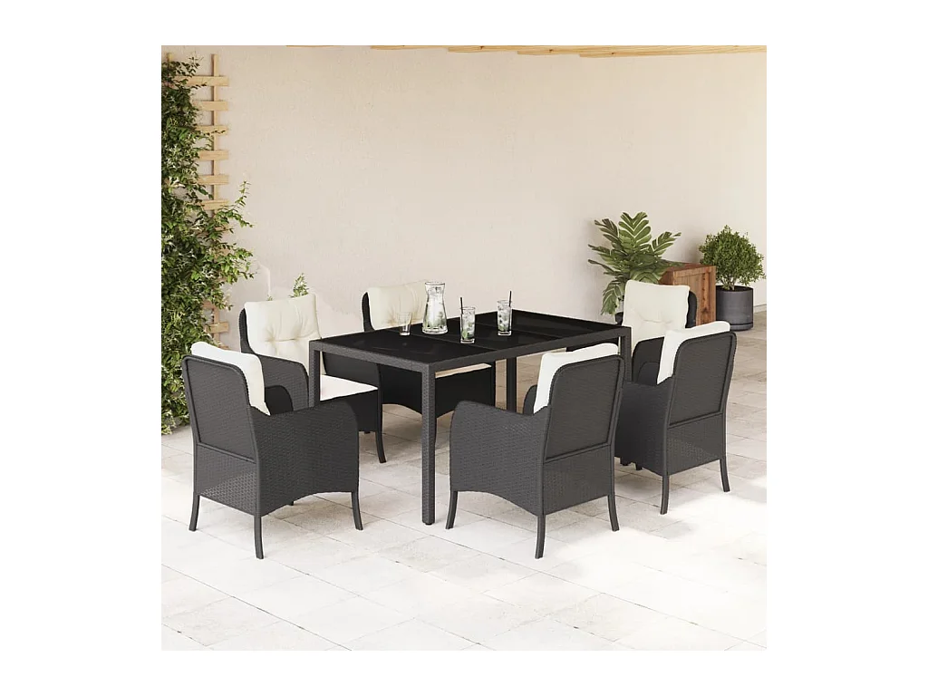 Marco Gianluca  Ensemble à manger de jardin coussins 7pcs Noir Résine tressée