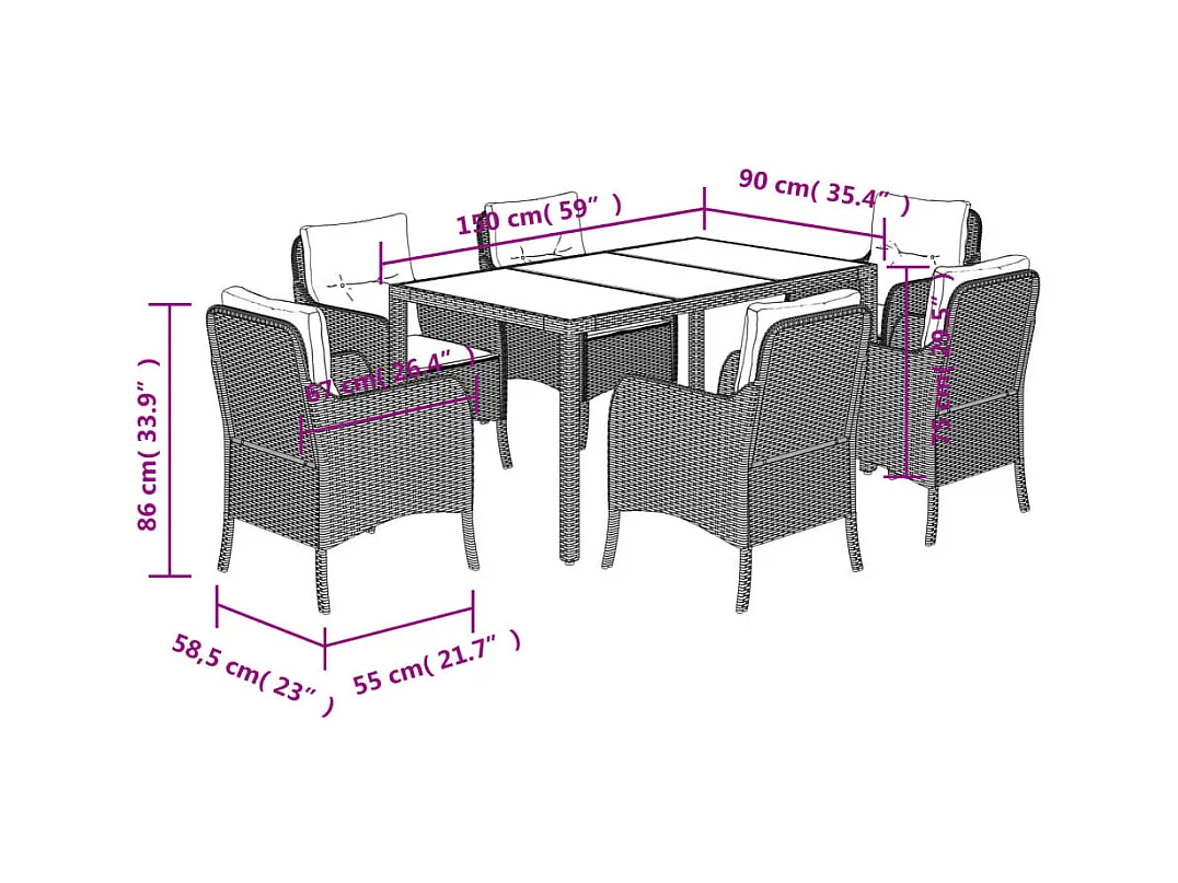 Marco Gianluca  Ensemble à manger de jardin coussins 7pcs Noir Résine tressée