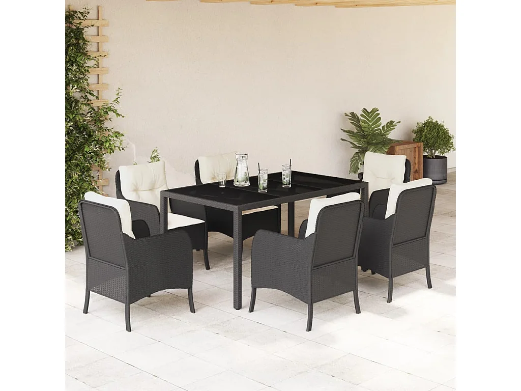 Marco Gianluca  Ensemble à manger de jardin coussins 7pcs Noir Résine tressée