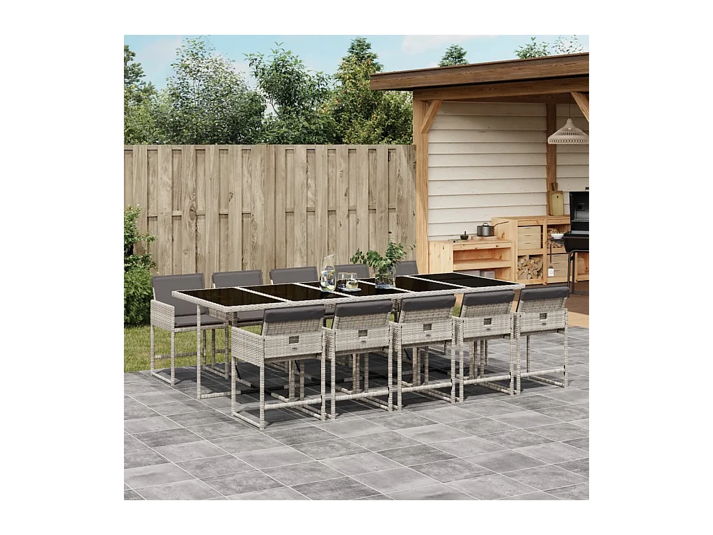 Sener  Ensemble à manger de jardin 11pcs avec coussins gris poly rotin