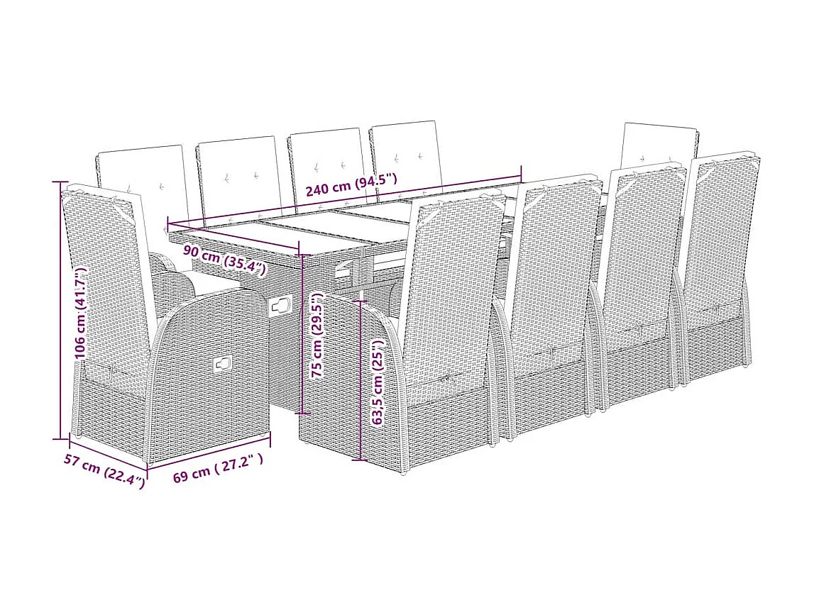 Central Valley  11-delige Tuinset met kussens poly rattan grijs