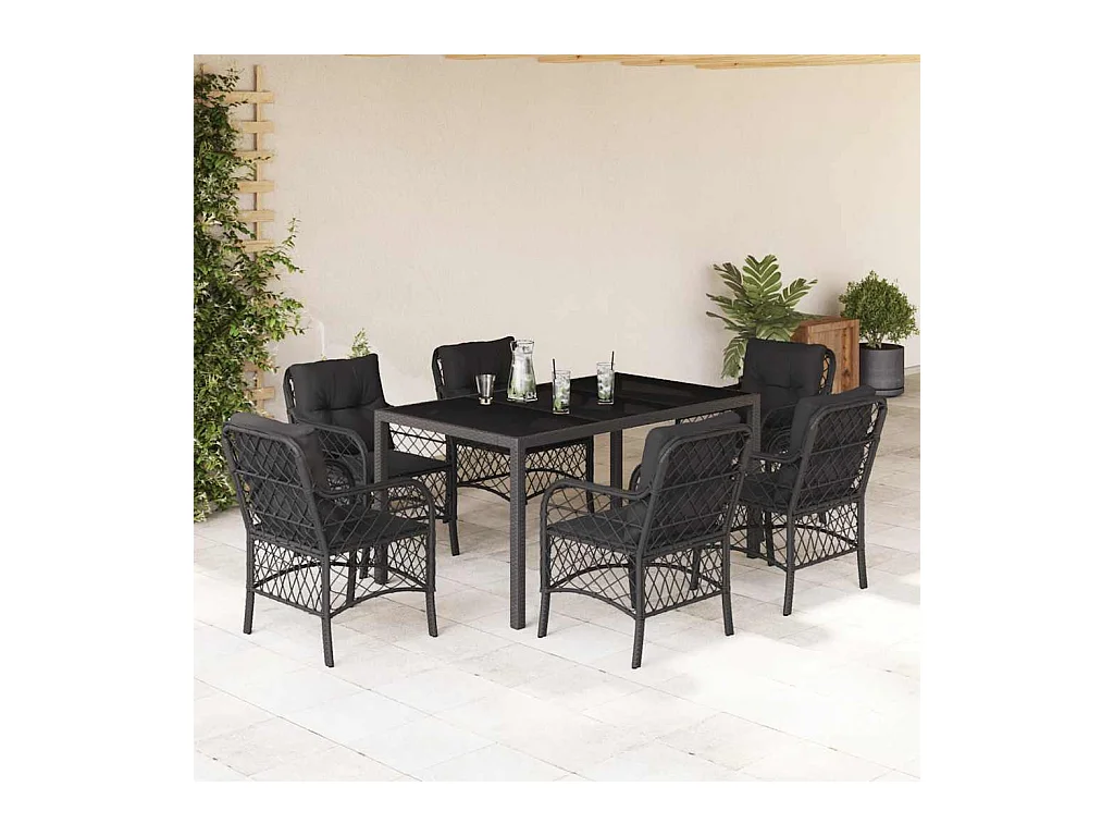 Harmelen  Ensemble à manger de jardin coussins 7pcs Noir Résine tressée