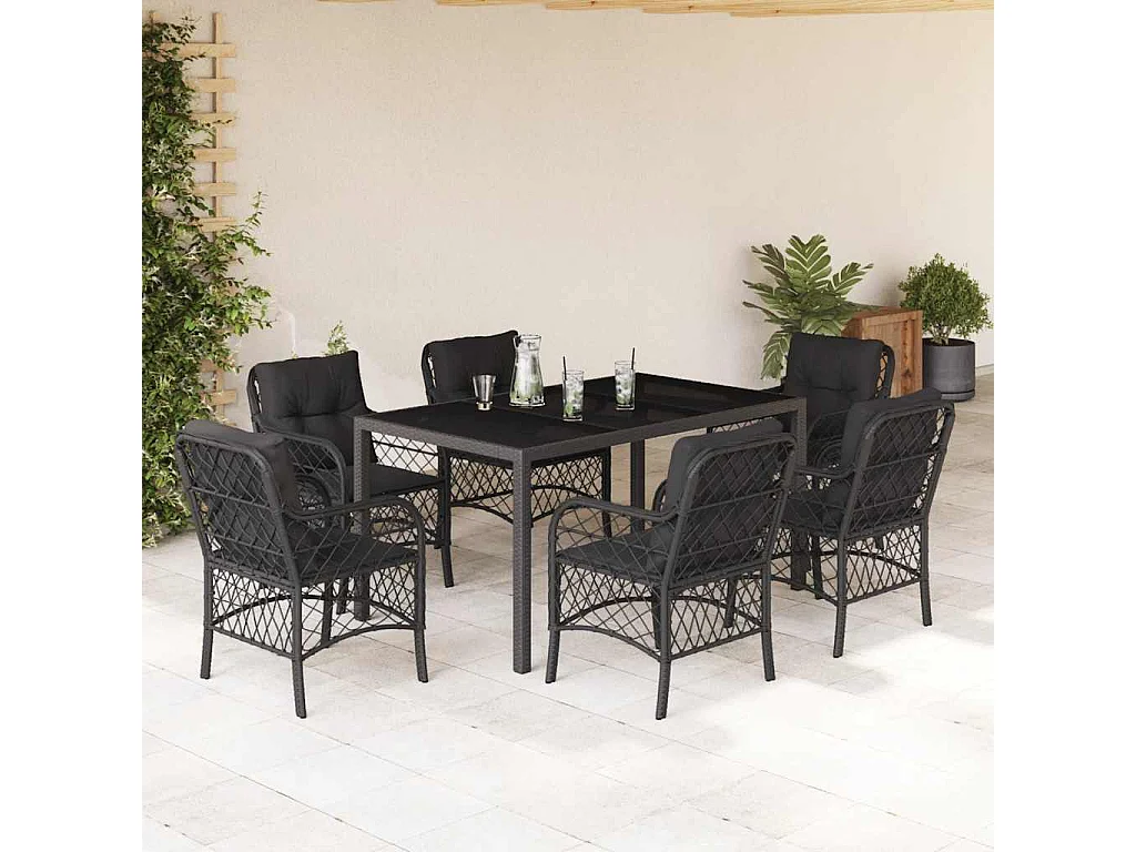 Harmelen  Ensemble à manger de jardin coussins 7pcs Noir Résine tressée