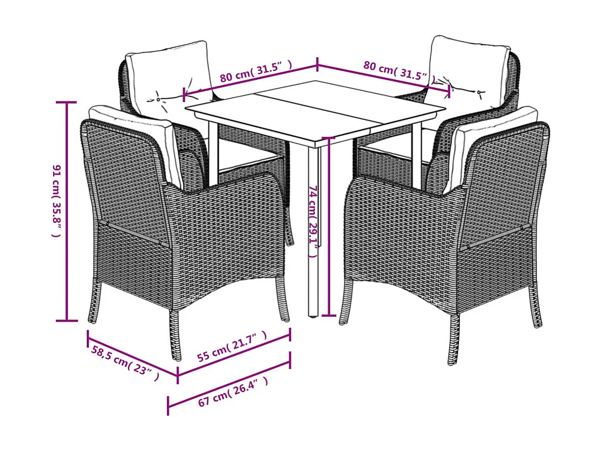 Tavian  Set de muebles jardín 5 pzas con cojines ratán sintético negro