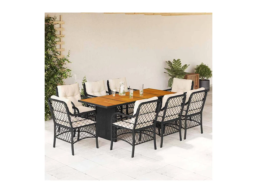 Fort Bragg  Ensemble à manger de jardin 9pcs coussins noir résine tressée