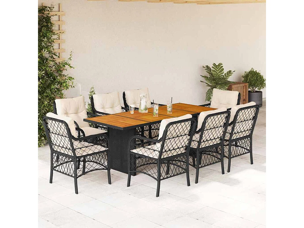 Fort Bragg  Set de comedor de jardín 9 pzas y cojines ratán sintético negro