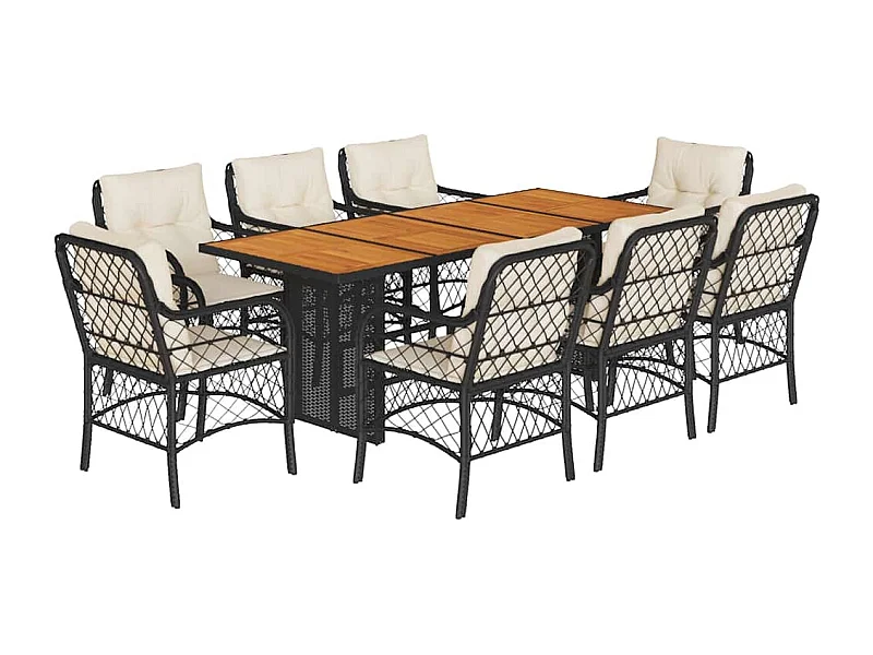 Fort Bragg  Set de comedor de jardín 9 pzas y cojines ratán sintético negro