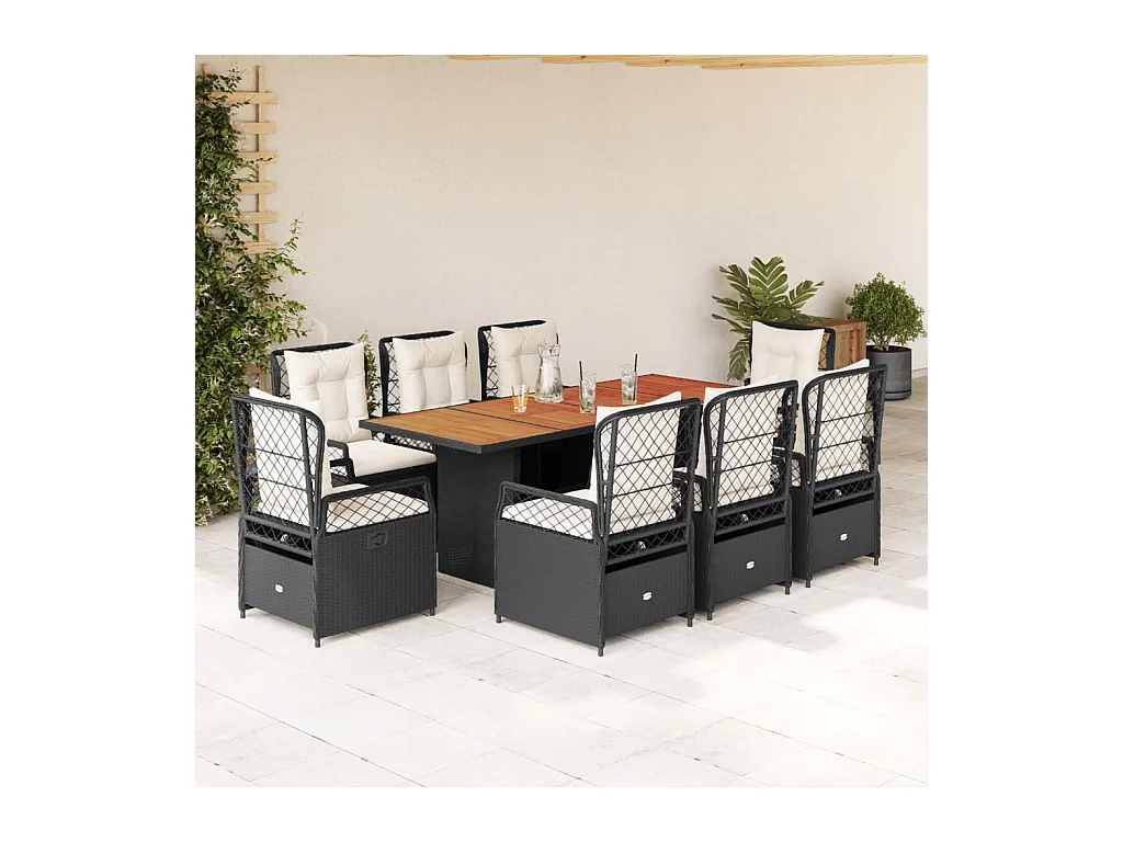 Veteli  Ensemble à manger de jardin 9pcs coussins noir résine tressée