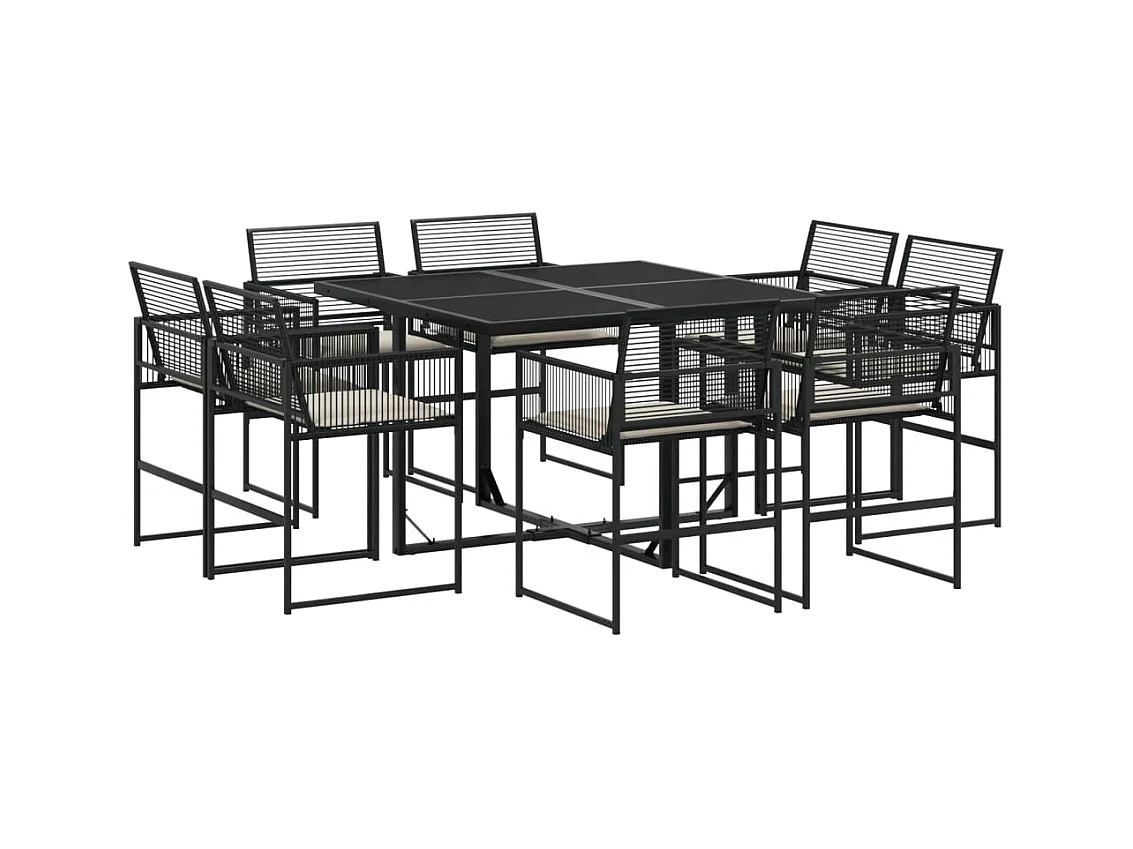 Van Nuys  Set de comedor de jardín 9 pzas y cojines ratán sintético negro
