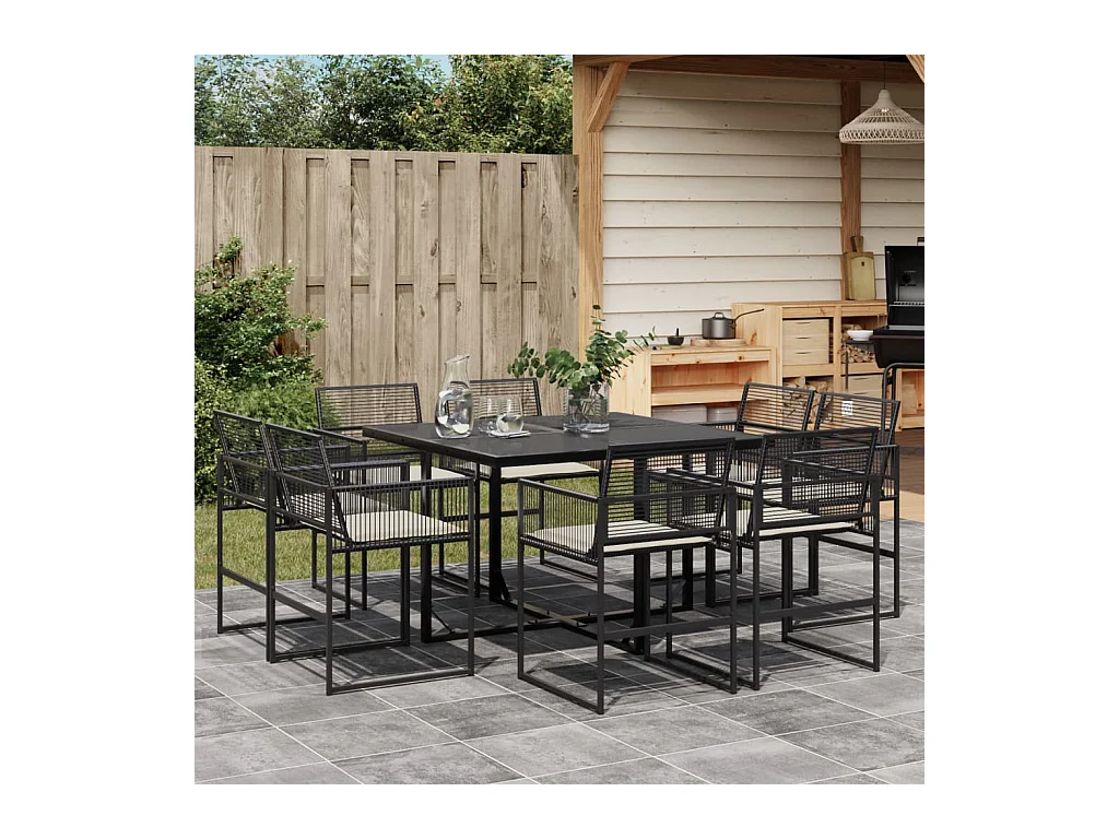 Van Nuys  Set de comedor de jardín 9 pzas y cojines ratán sintético negro