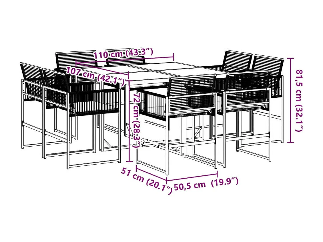 Van Nuys  Ensemble à manger de jardin 9pcs coussins noir résine tressée