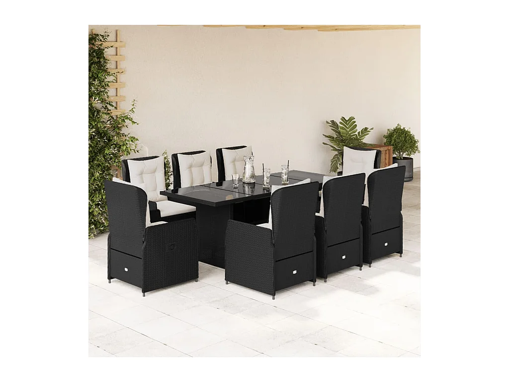 Zion  Ensemble à manger de jardin 9pcs coussins noir résine tressée