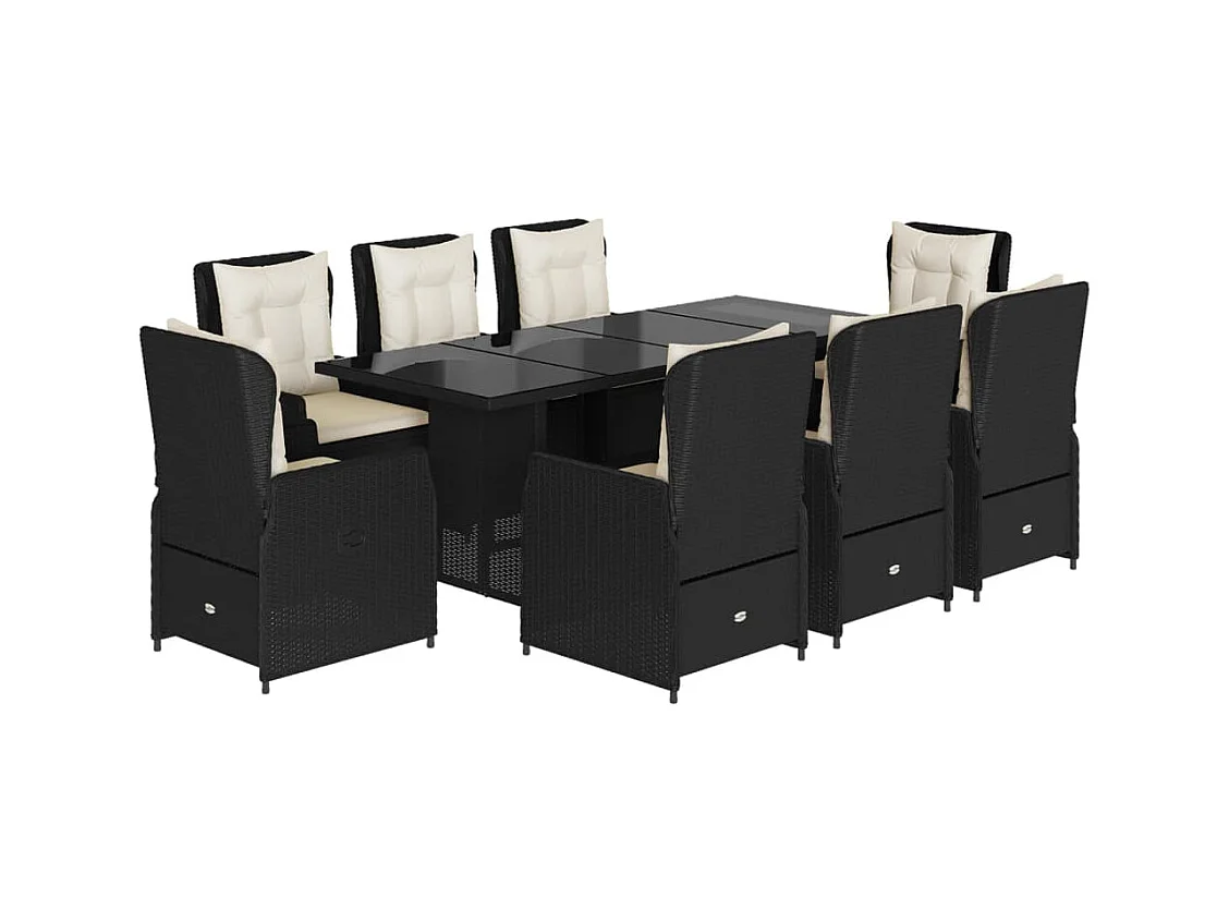 Zion  Set de comedor de jardín 9 pzas y cojines ratán sintético negro