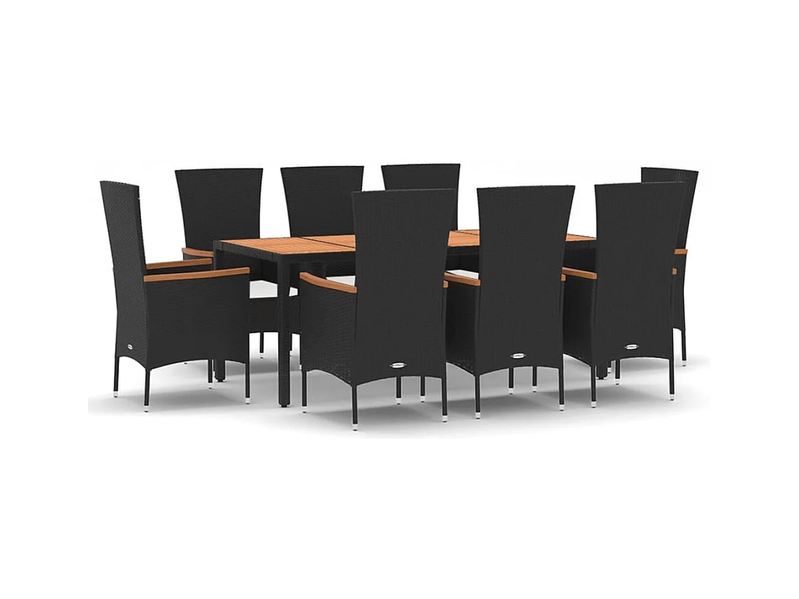 Ziriel  Set de comedor de jardín 9 pzas y cojines ratán sintético negro