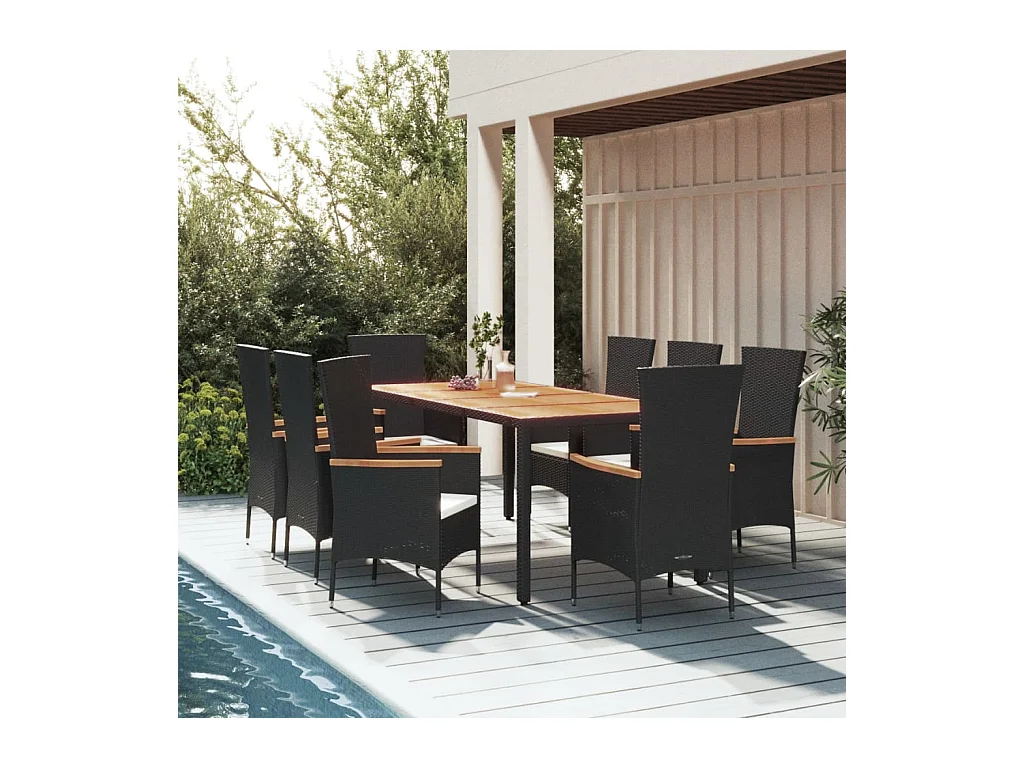 Ziriel  Set de comedor de jardín 9 pzas y cojines ratán sintético negro