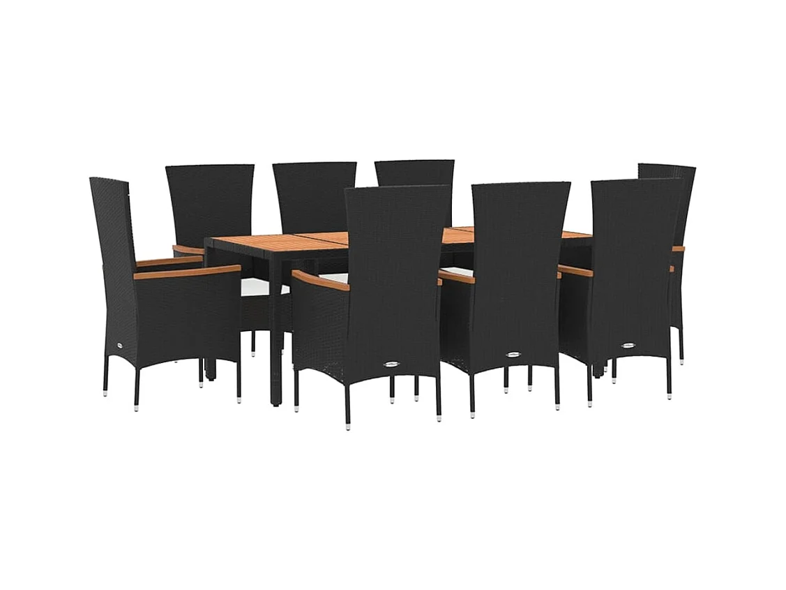 Ziriel  Set de comedor de jardín 9 pzas y cojines ratán sintético negro