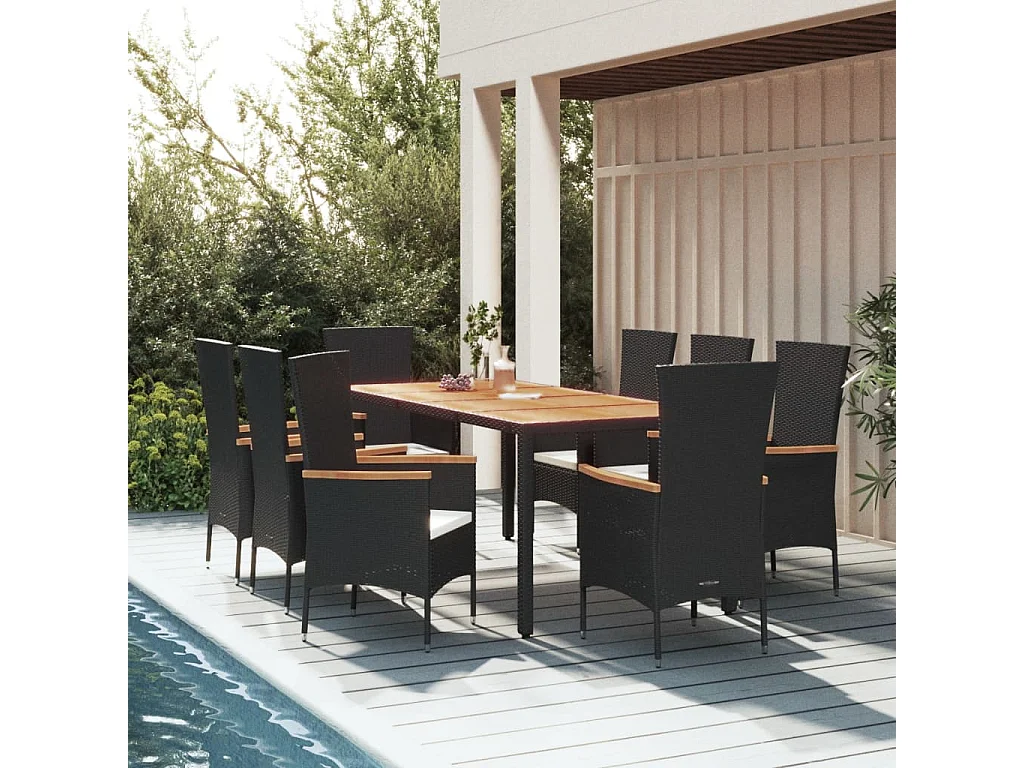 Ziriel  Ensemble à manger de jardin 9pcs coussins noir résine tressée