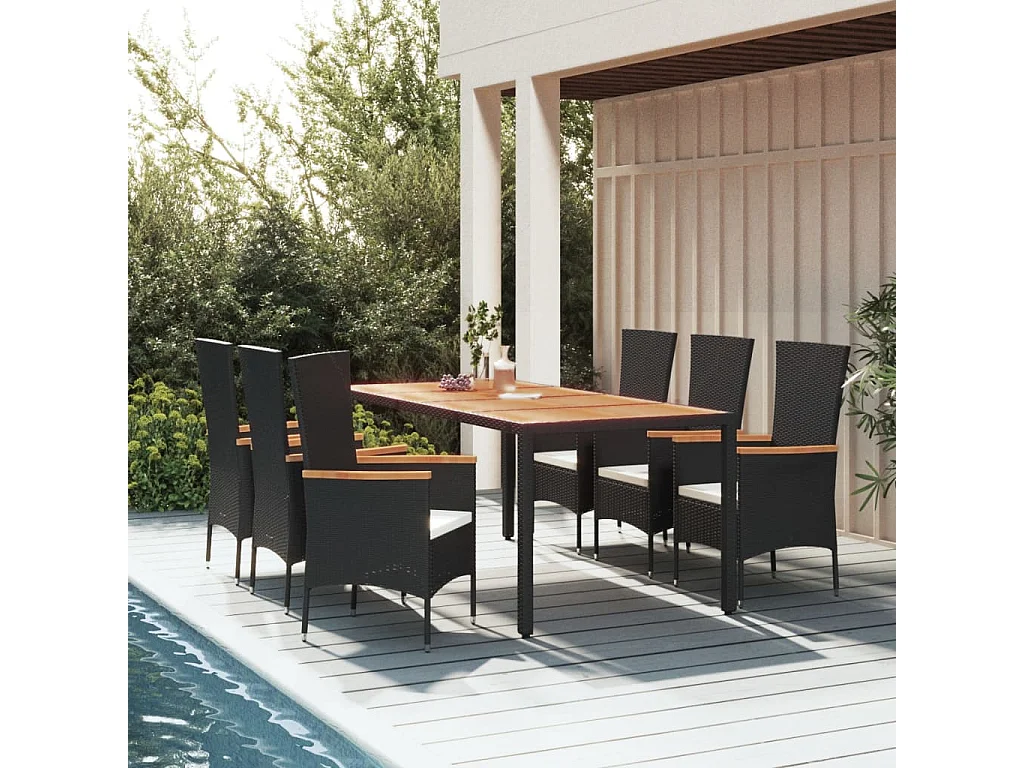 Ziriel  Ensemble à manger de jardin coussins 7pcs Noir Résine tressée