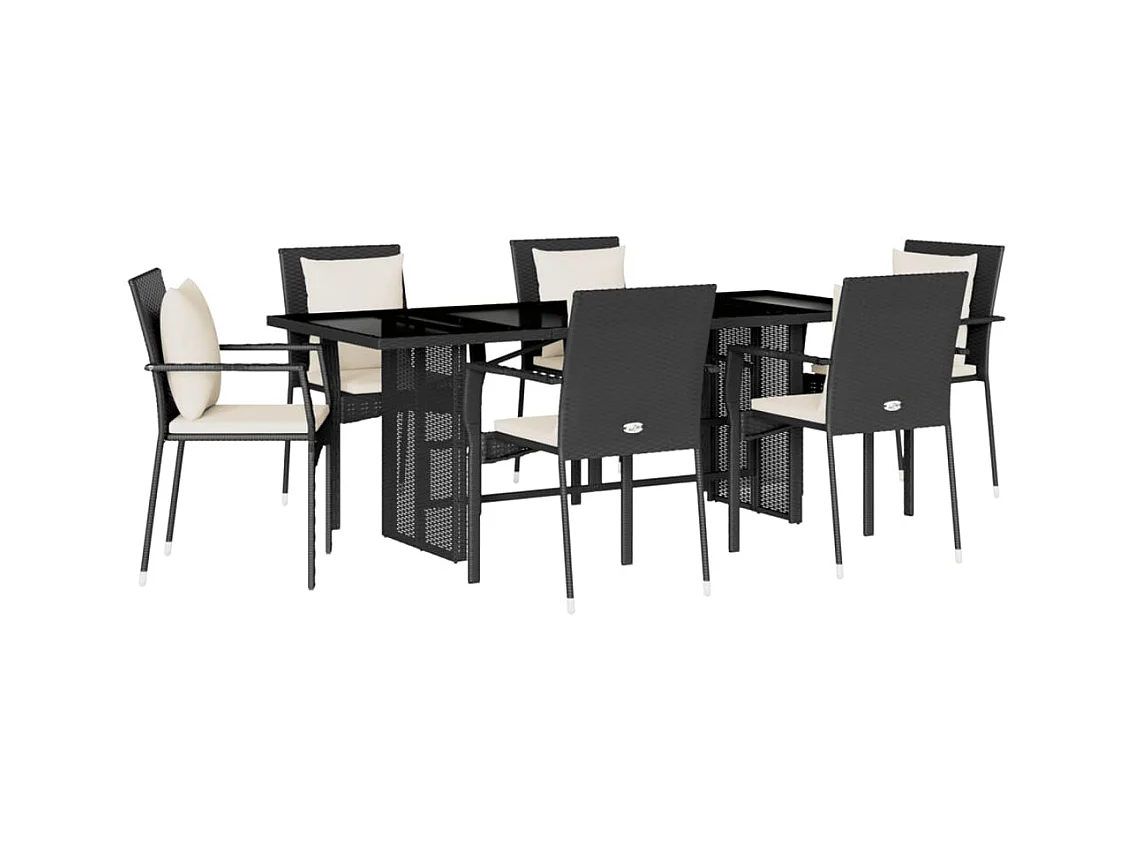 Tijn  Ensemble à manger de jardin coussins 7pcs Noir Résine tressée