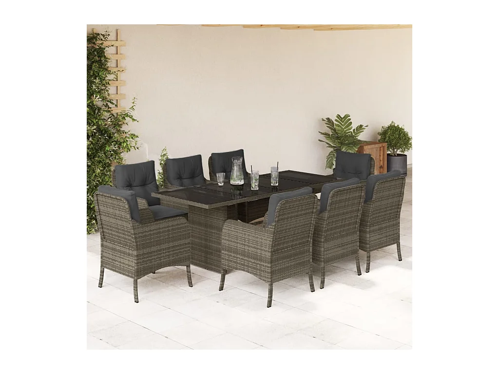 Karlyn  Ensemble à manger de jardin 9 pcs coussins gris résine tressée