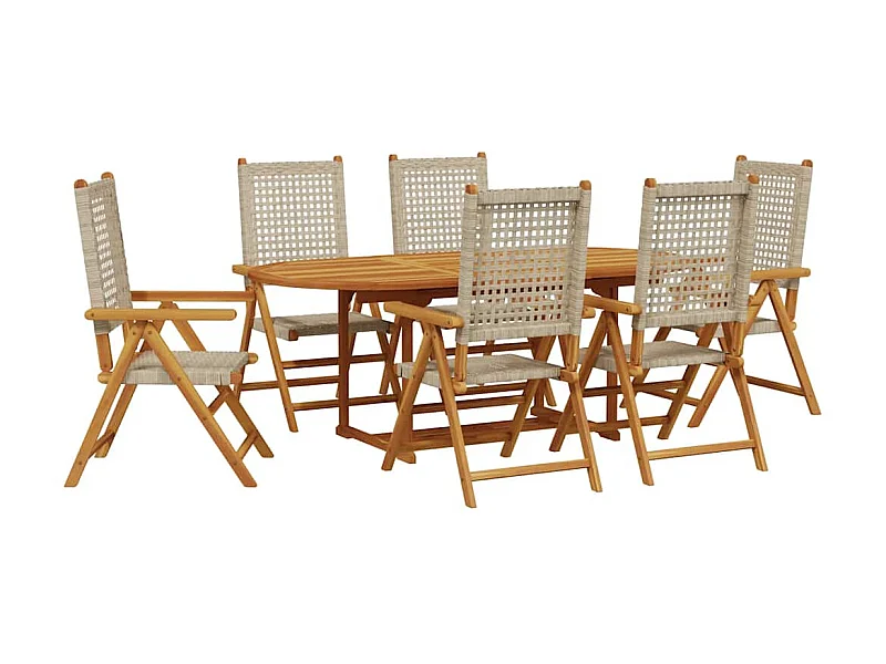 Grilda  Ensemble à manger de jardin 7 pcs beige rotin et bois massif