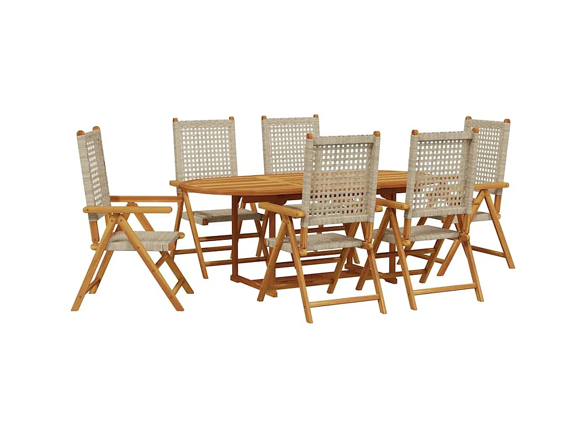 Grilda  Ensemble à manger de jardin 7 pcs beige rotin et bois massif