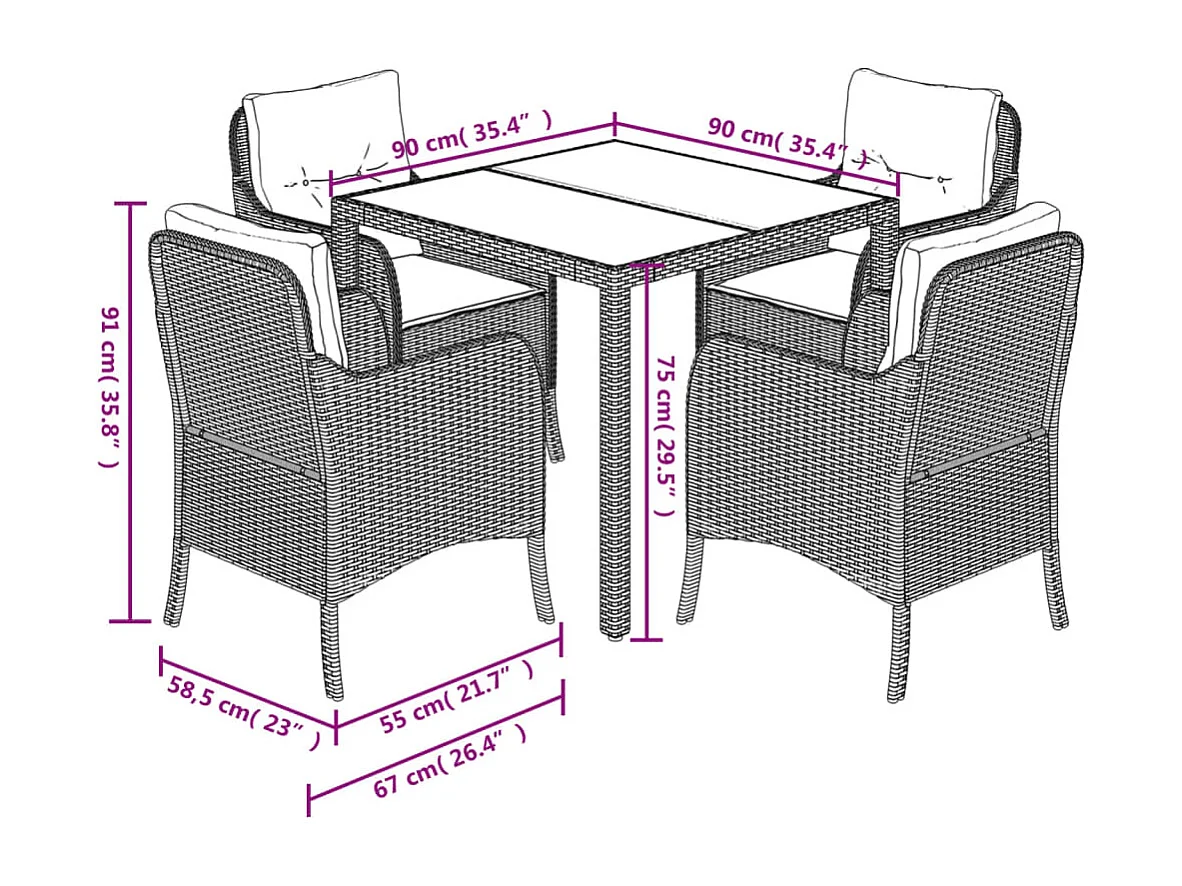 Prolenta Premium -  5-delige Tuinset met kussens poly rattan zwart