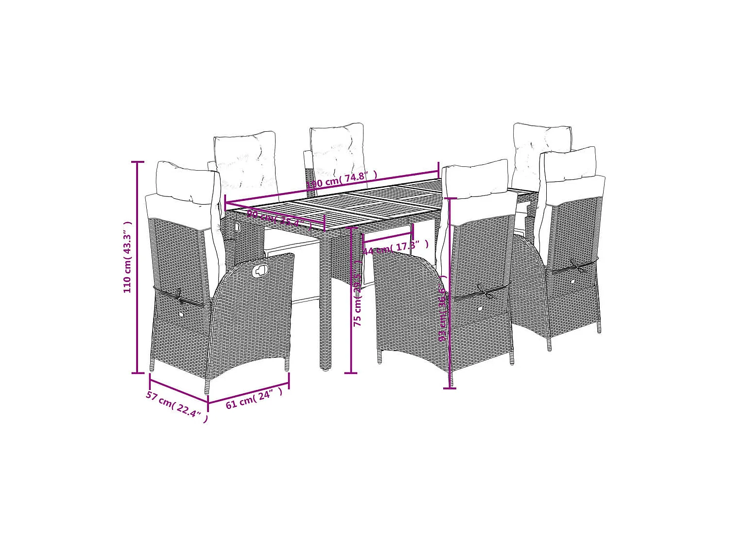 Elviraa  Set comedor jardín 7 pzas y cojines ratán sintético gris