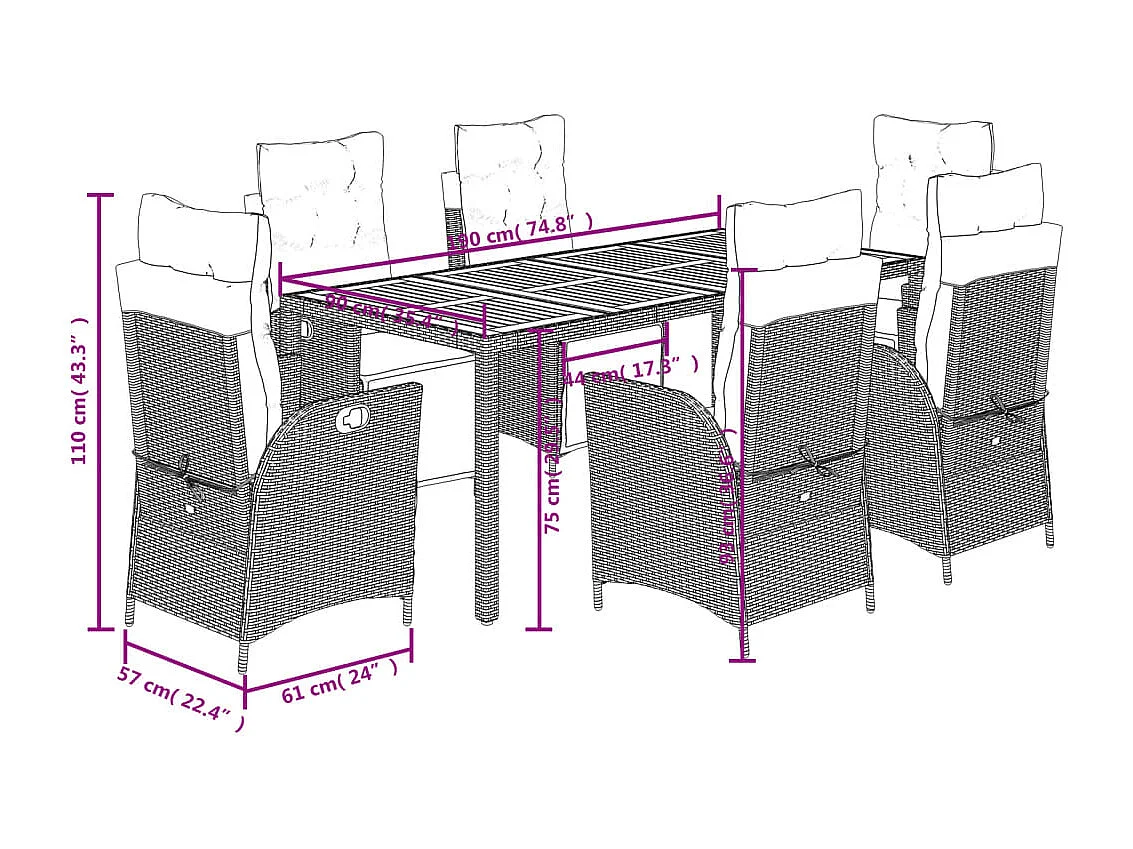 Elviraa  Set comedor jardín 7 pzas y cojines ratán sintético gris