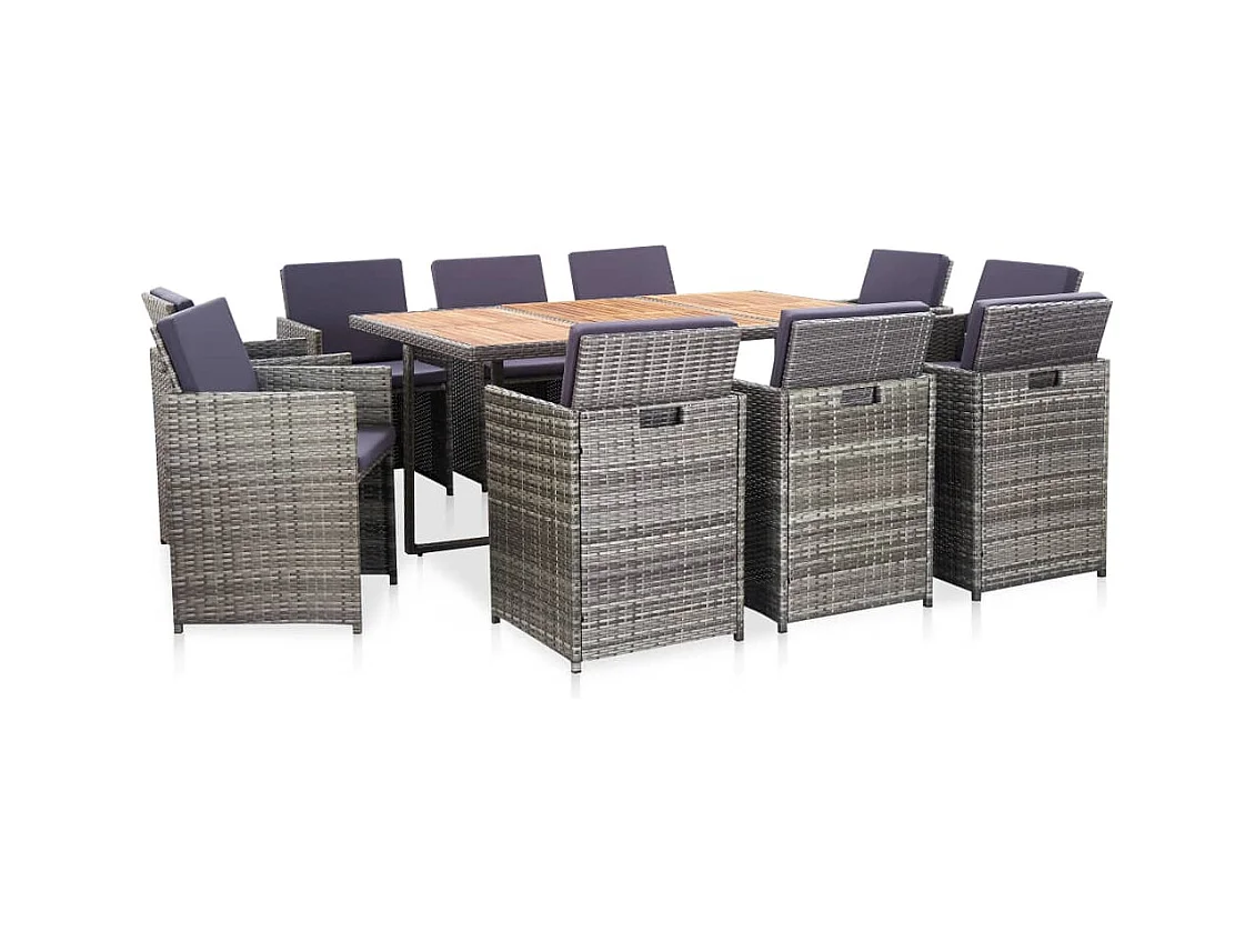 Kyllar  Ensemble à manger d’extérieur et coussins 11 pcs résine tressée