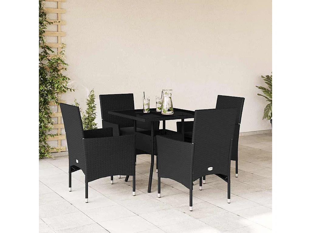 Yorba Linda  Ensemble à manger de jardin et coussins 5 pcs noir rotin verre