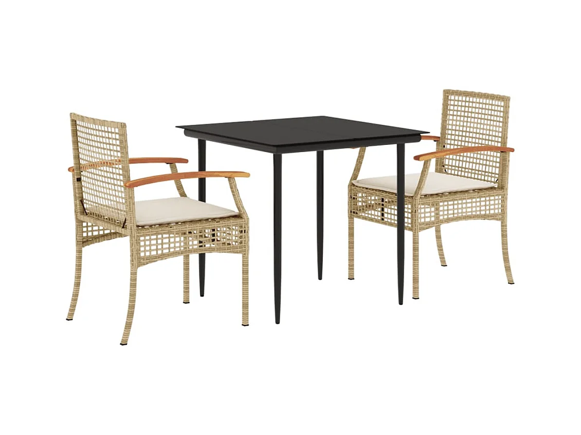 Teis  Ensemble à manger de jardin et coussins 3 pcs Beige poly rotin