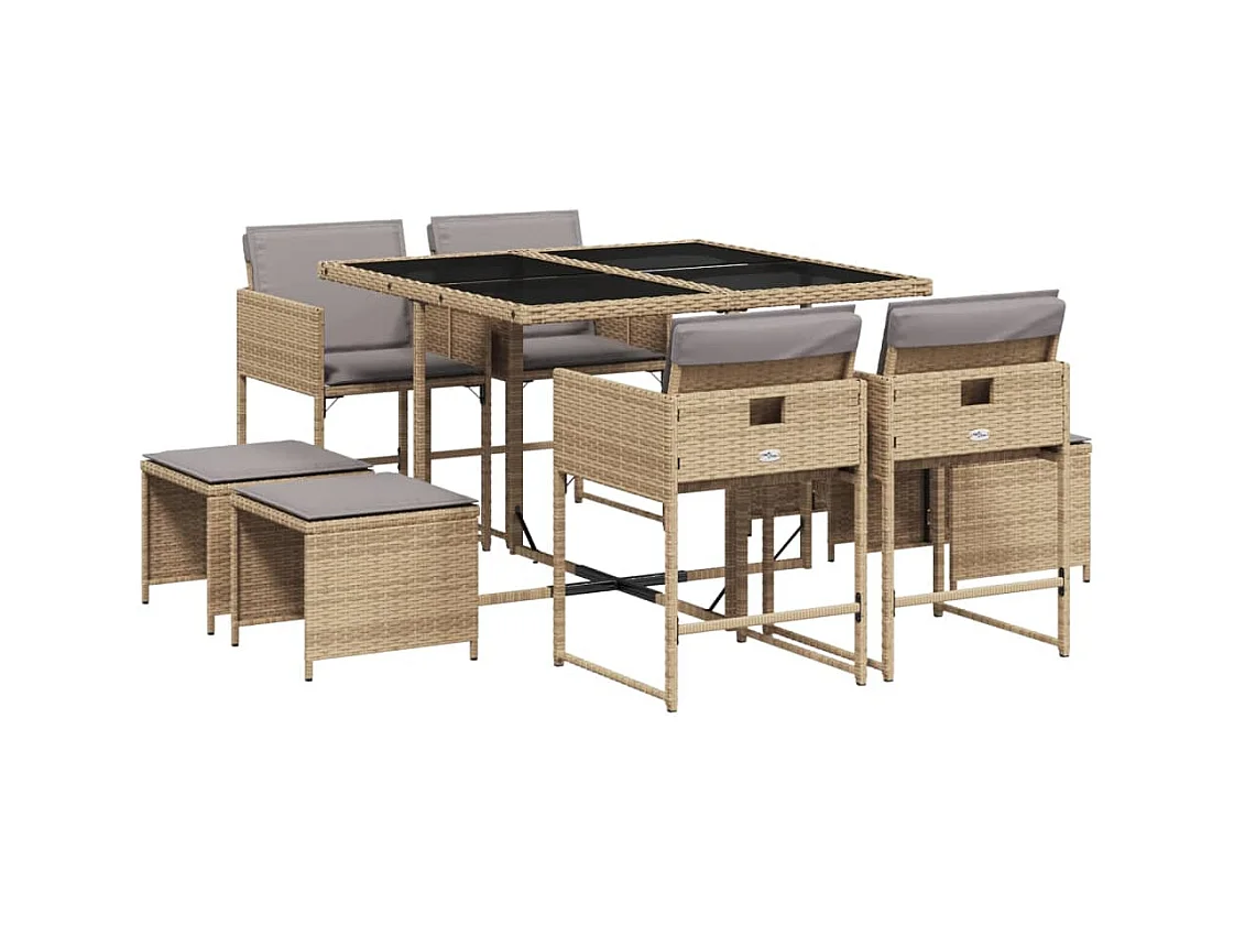 Kirkland  9-delige Tuinset met kussens poly rattan gemengd beige