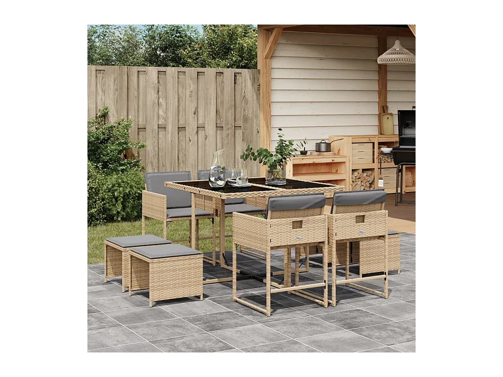 Kirkland  9-delige Tuinset met kussens poly rattan gemengd beige