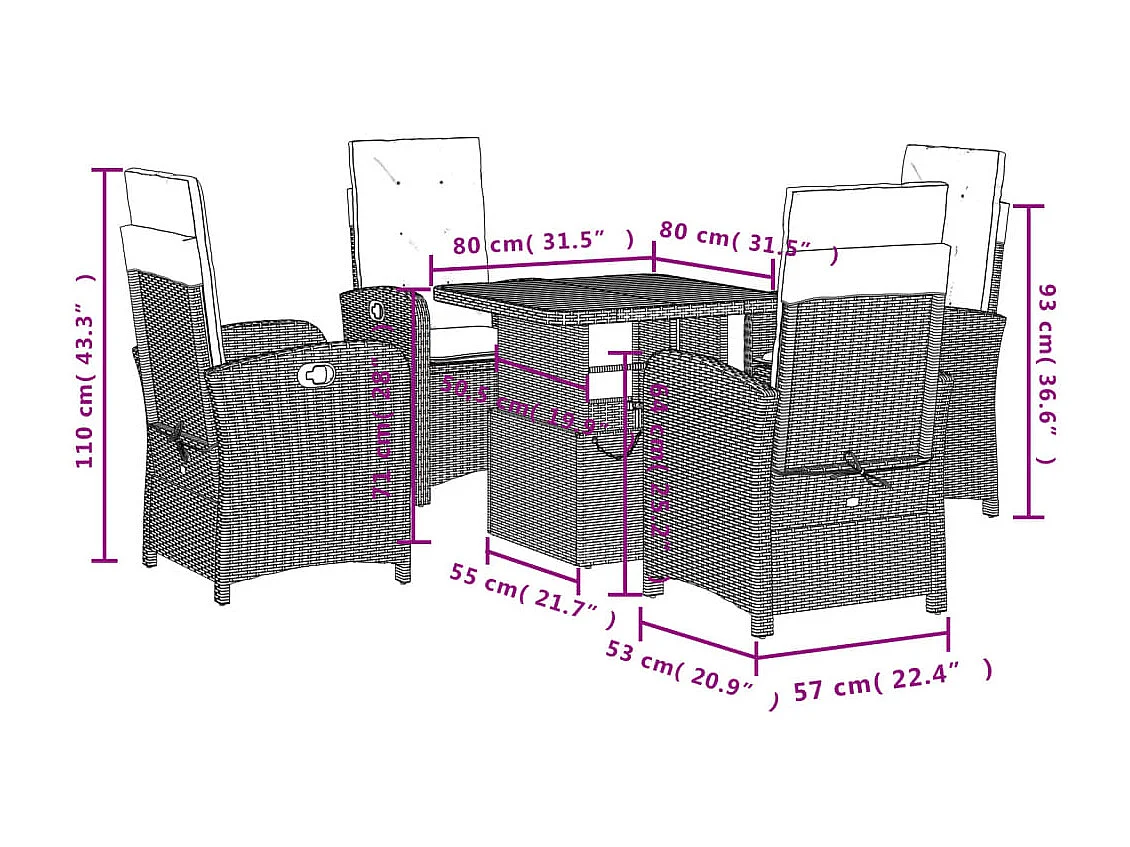 Gorham  Set comedor de jardín 5 pzas con cojines ratán sintético beige