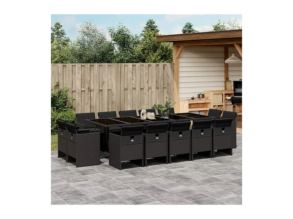 Jeroen  Ensemble à manger de jardin 15 pcs coussins noir résine tressée