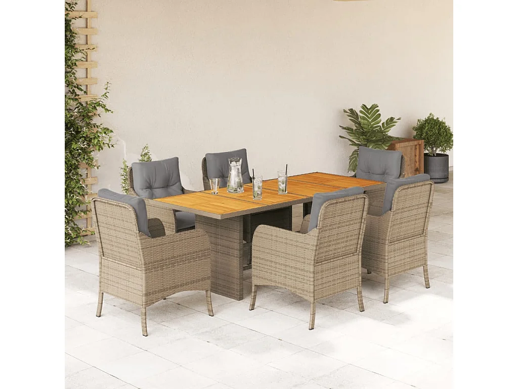 Karlyn  Set comedor de jardín 7 pzas con cojines ratán sintético beige