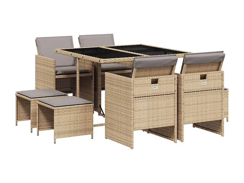 Bonno  9-delige Tuinset met kussens poly rattan gemengd beige