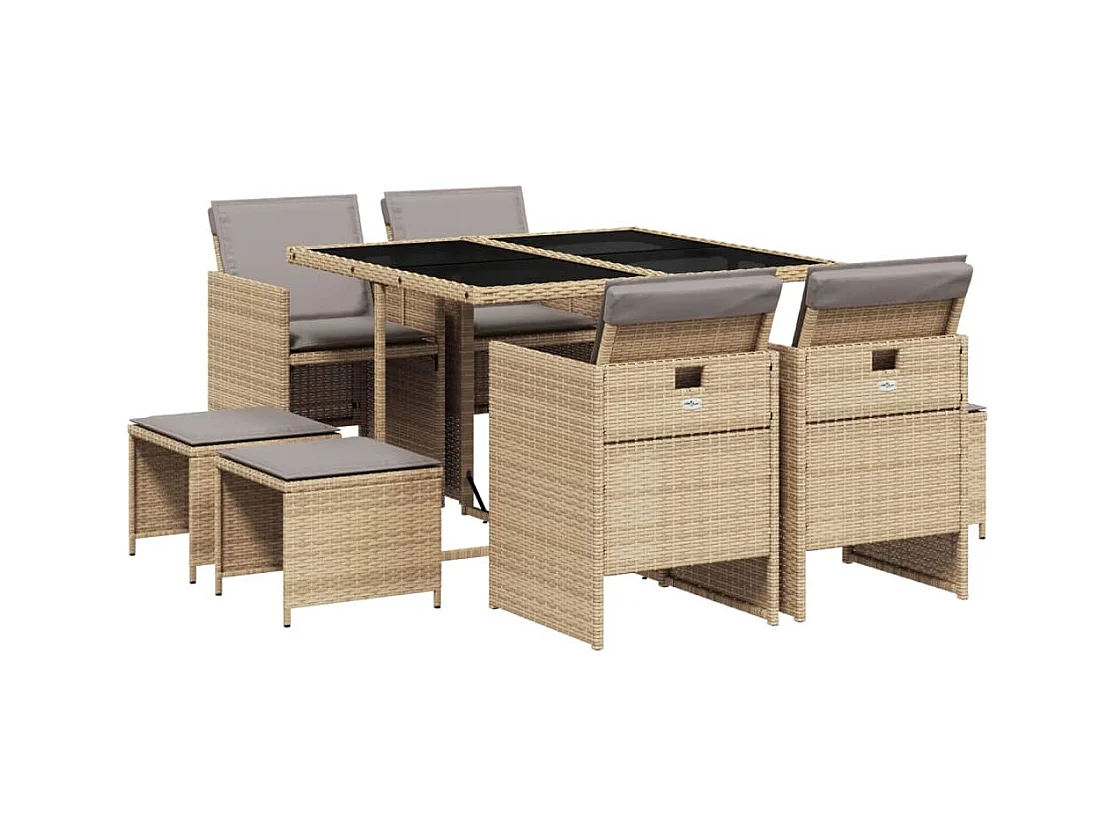 Bonno  9-delige Tuinset met kussens poly rattan gemengd beige
