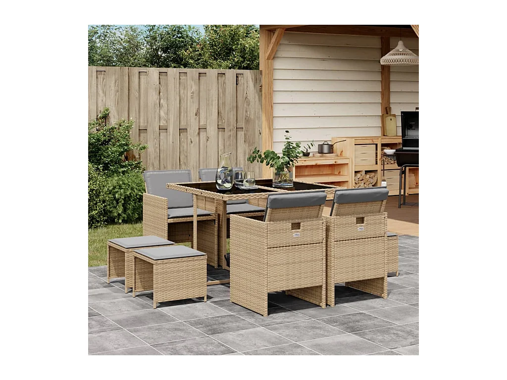 Bonno  9-delige Tuinset met kussens poly rattan gemengd beige