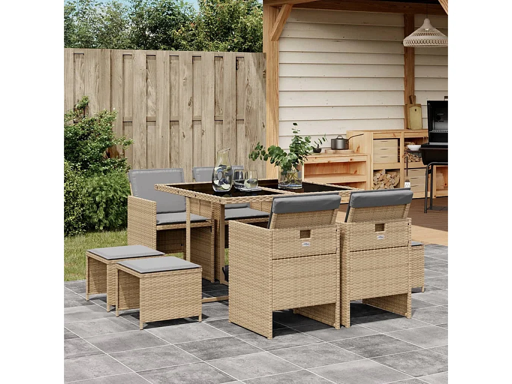 Bonno  9-delige Tuinset met kussens poly rattan gemengd beige
