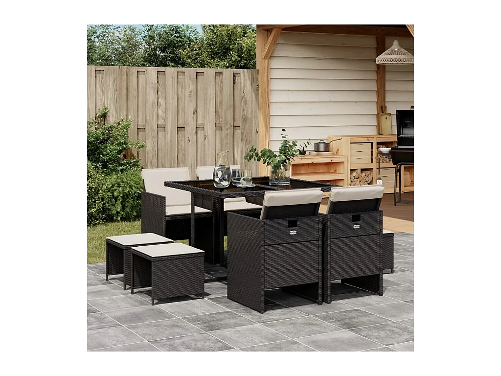 Bonno  Set de comedor de jardín 9 pzas y cojines ratán sintético negro