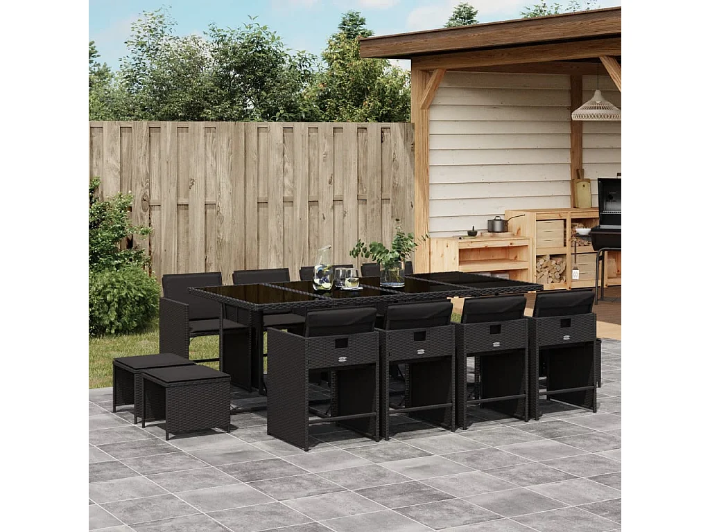Zenn  Ensemble à manger de jardin 13 pcs coussins noir résine tressée