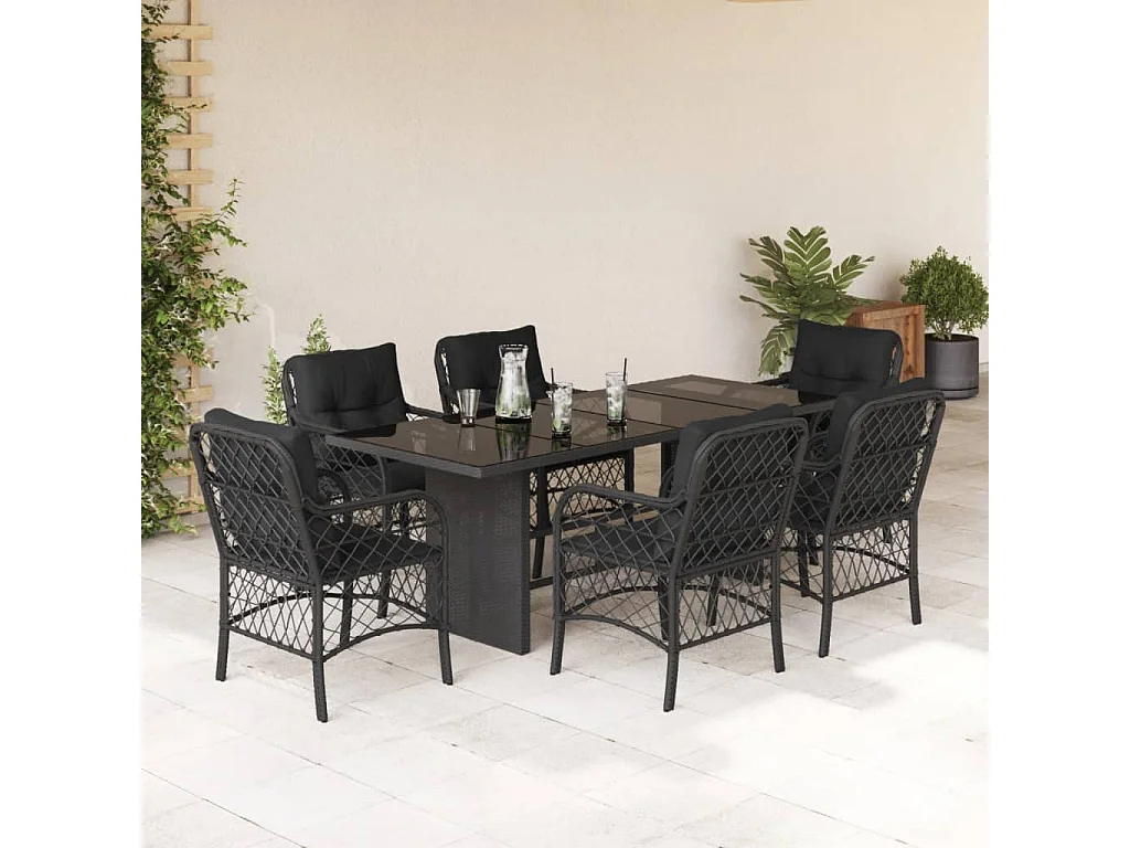 Fort Bragg  Ensemble à manger de jardin coussins 7pcs Noir Résine tressée