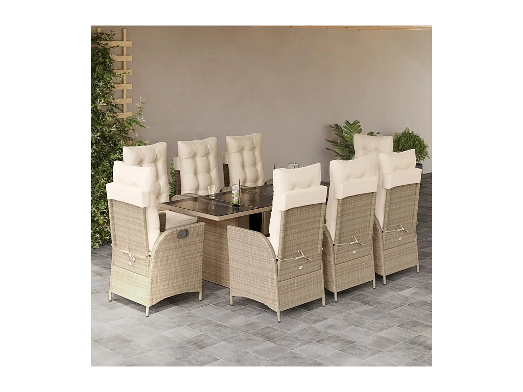 Anselm  Ensemble à manger de jardin et coussins 9 pcs beige Poly rotin